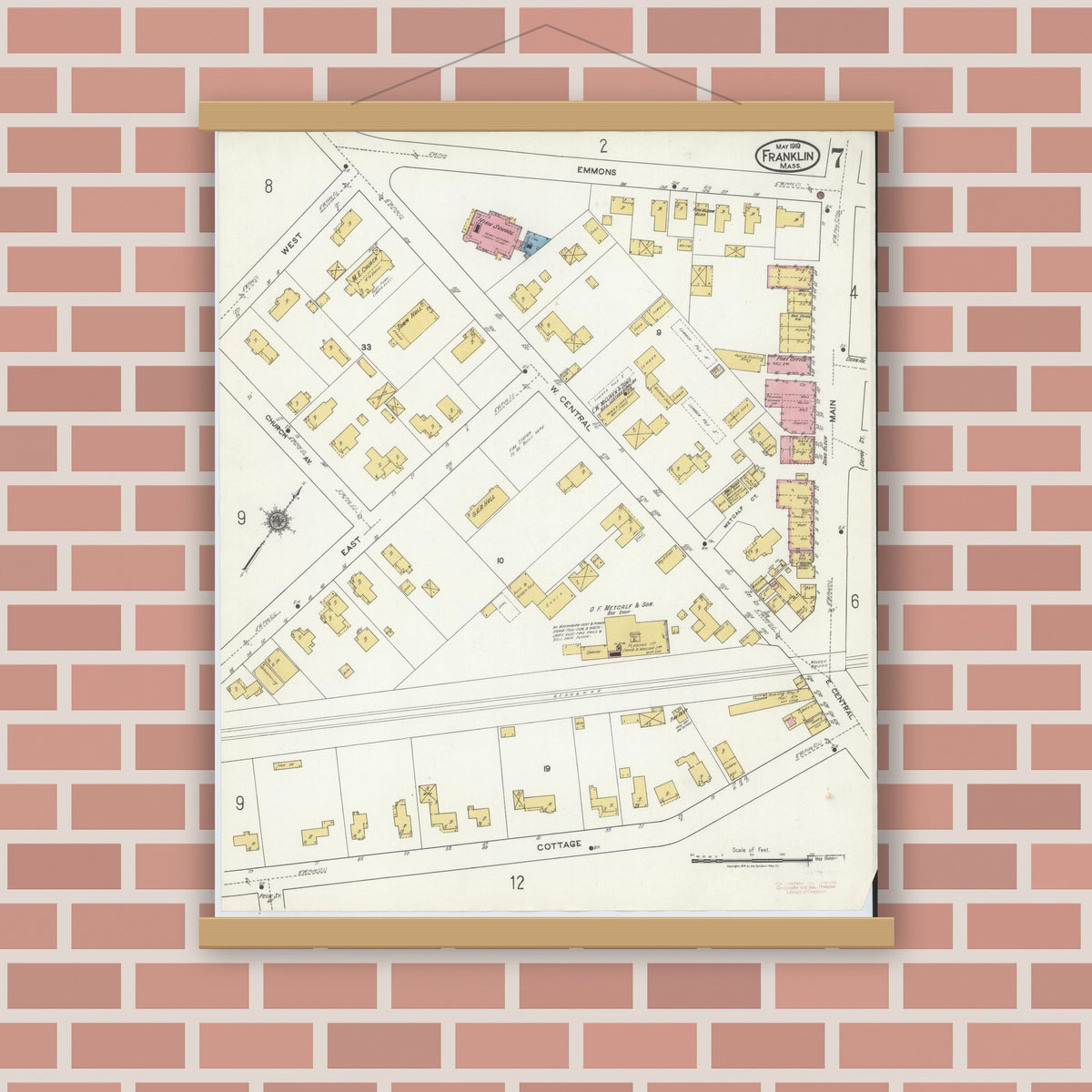 Old map wall art mockup — magnetic wood frame on brick wall — Sanborn Fire Insurance Map from Franklin, Norfolk County, Massachusetts (1919), Sheet #0007