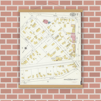 Old map wall art mockup — magnetic wood frame on brick wall — Sanborn Fire Insurance Map from Franklin, Norfolk County, Massachusetts (1919), Sheet #0007