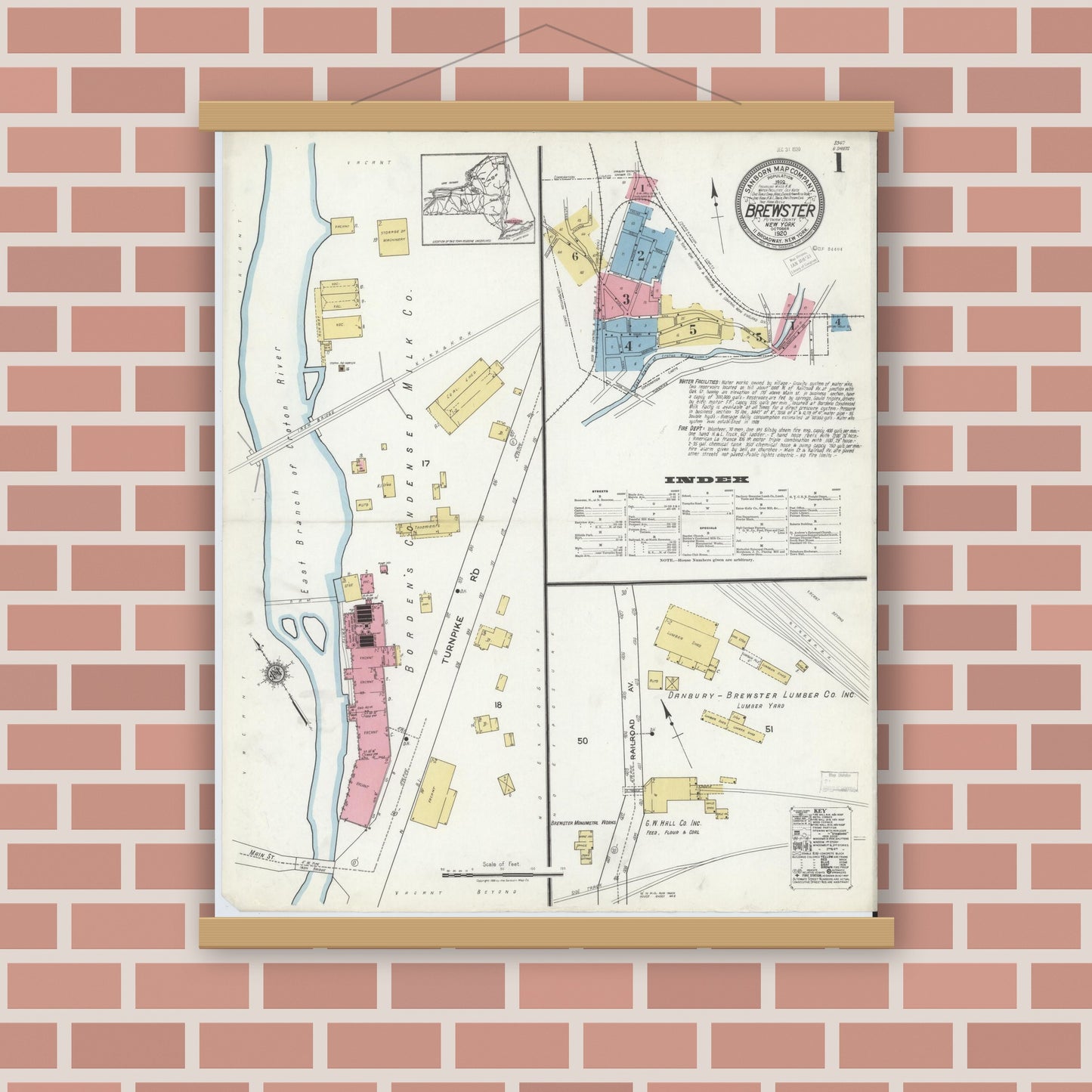 Old map wall art mockup — magnetic wood frame on brick wall — Sanborn Fire Insurance Map from Brewster, Putnam County, New York (1920) - Complete Map Set