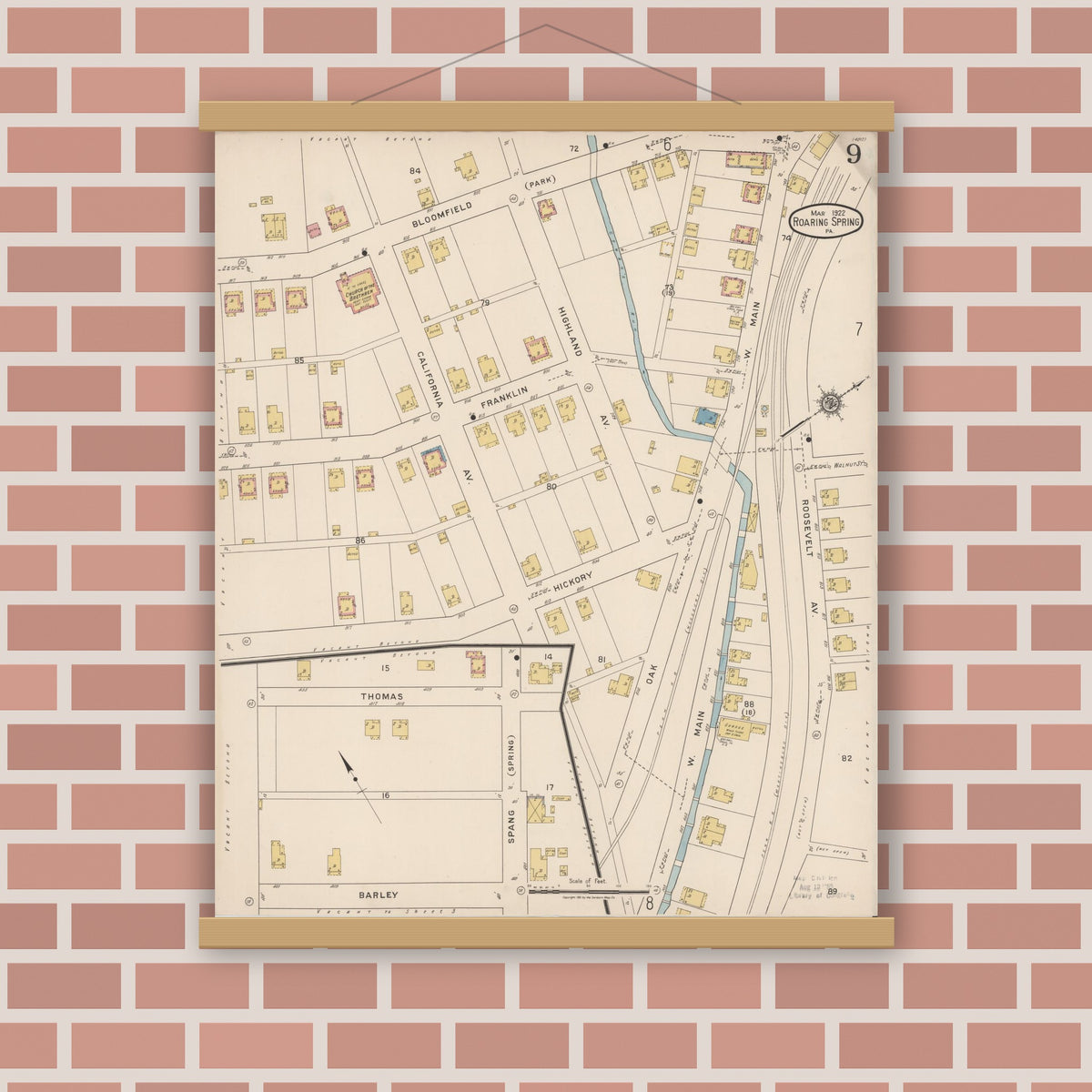 Old map wall art mockup — magnetic wood frame on brick wall — Sanborn Fire Insurance Map from Roaring Spring, Blair County, Pennsylvania (1922), Sheet #0009
