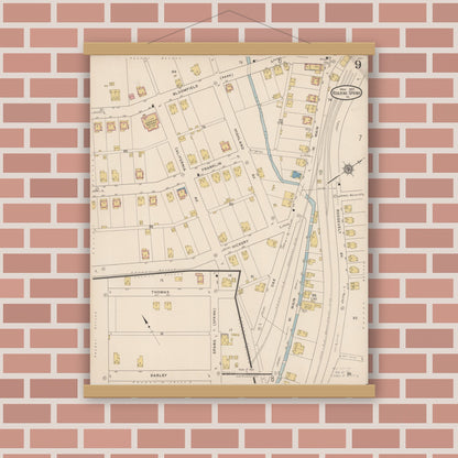 Old map wall art mockup — magnetic wood frame on brick wall — Sanborn Fire Insurance Map from Roaring Spring, Blair County, Pennsylvania (1922), Sheet #0009