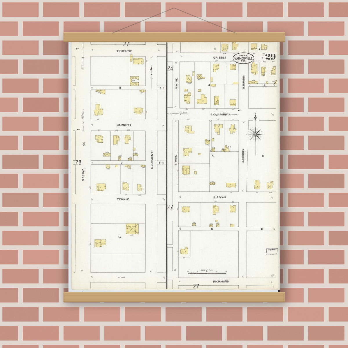 Old map wall art mockup — magnetic wood frame on brick wall — Sanborn Fire Insurance Map from Gainesville, Cooke County, Texas (1908), Sheet #0029