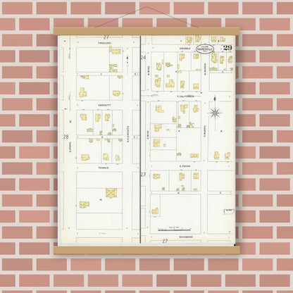 Old map wall art mockup — magnetic wood frame on brick wall — Sanborn Fire Insurance Map from Gainesville, Cooke County, Texas (1908), Sheet #0029