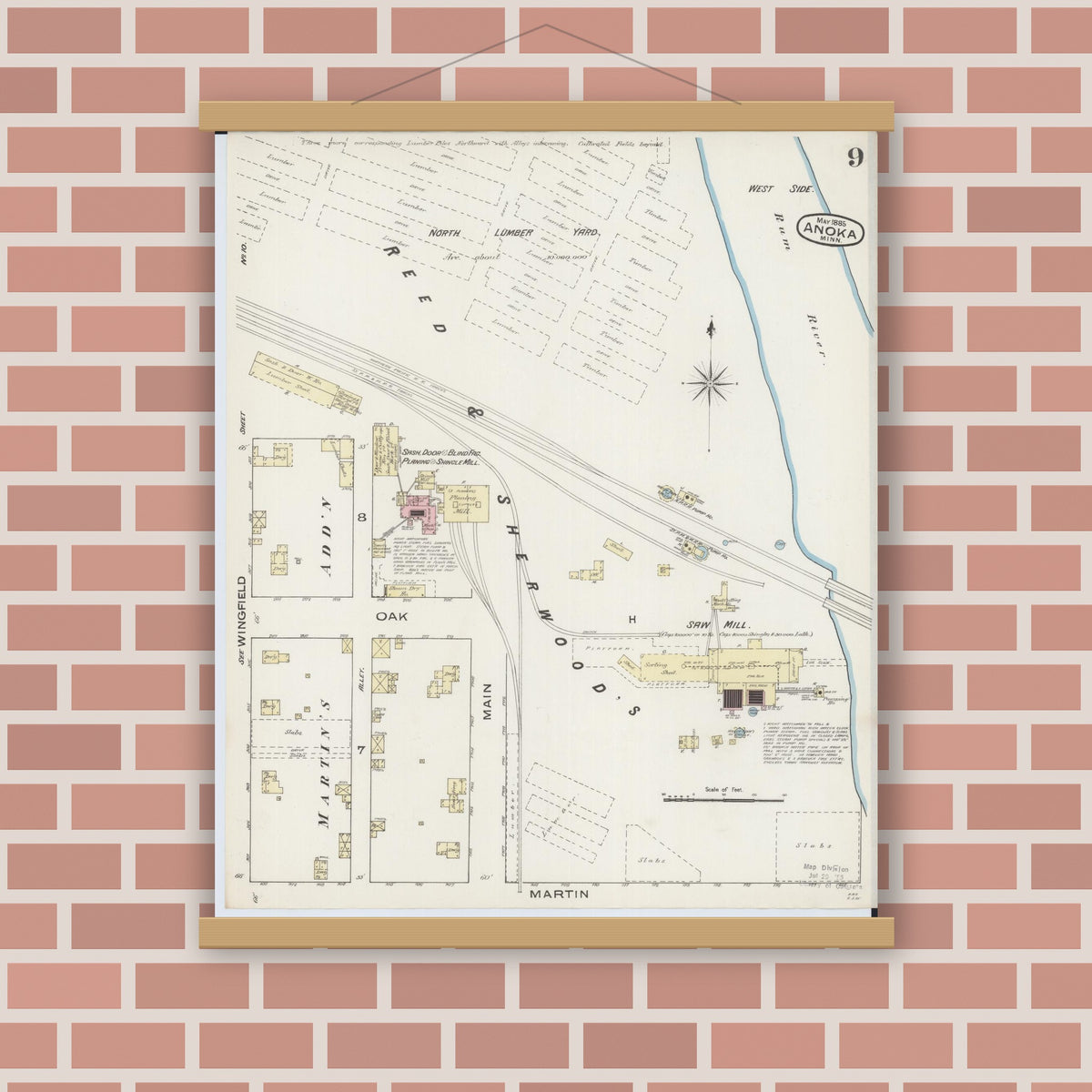 Old map wall art mockup — magnetic wood frame on brick wall — Sanborn Fire Insurance Map from Anoka, Anoka County, Minnesota (1885), Sheet #0009