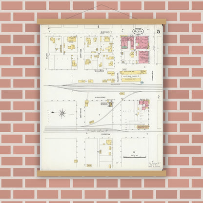 Old map wall art mockup — magnetic wood frame on brick wall — Sanborn Fire Insurance Map from Mexia, Limestone County, Texas (1906), Sheet #0005
