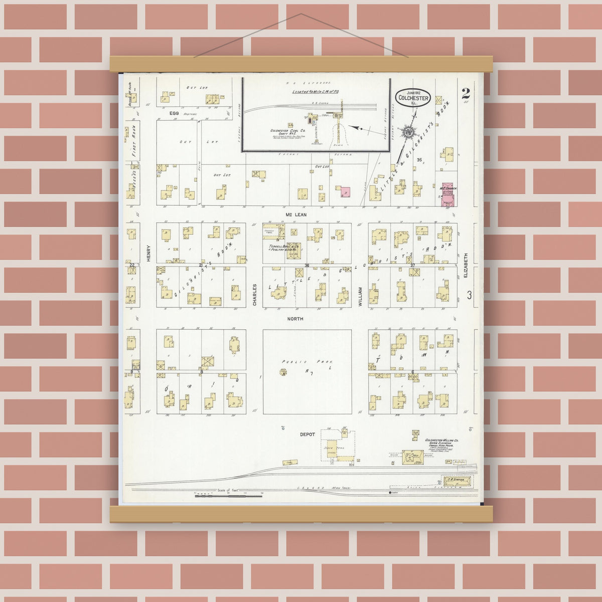 Old map wall art mockup — magnetic wood frame on brick wall — Sanborn Fire Insurance Map from Colchester, Mcdonough County, Illinois (1912), Sheet #0002