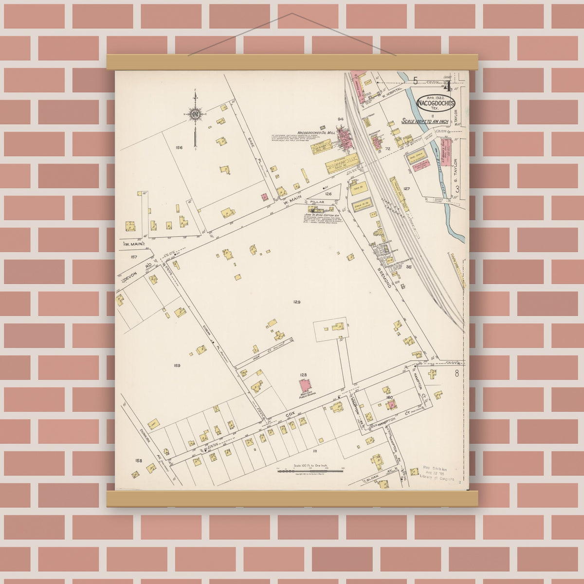 Old map wall art mockup — magnetic wood frame on brick wall — Sanborn Fire Insurance Map from Nacogdoches, Nacogdoches County, Texas (1922), Sheet #0004