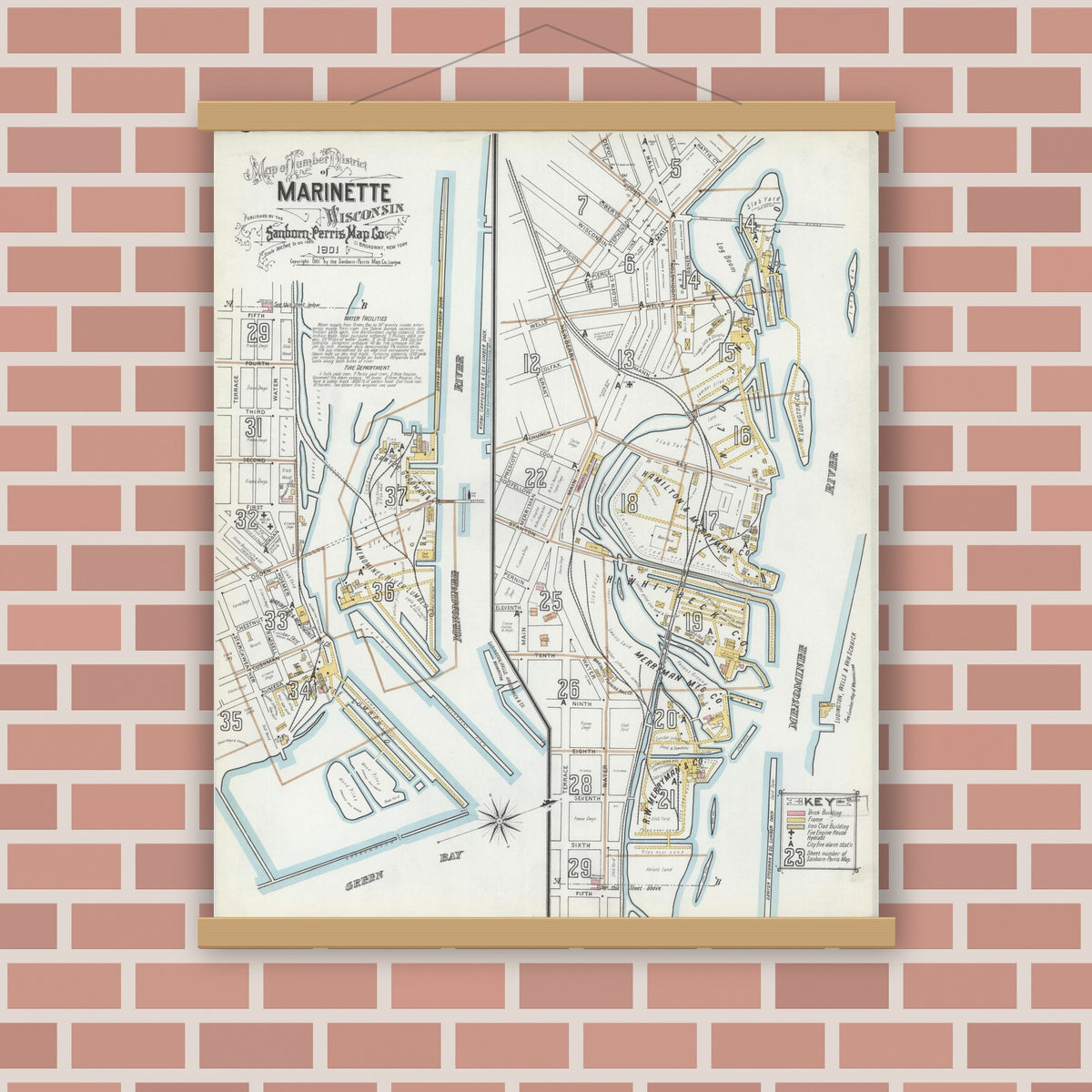 Old map wall art mockup — magnetic wood frame on brick wall — Sanborn Fire Insurance Map from Marinette, Marinette County, Wisconsin (1901), Sheet #0001