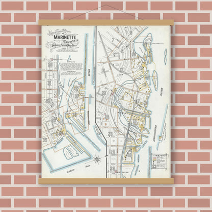 Old map wall art mockup — magnetic wood frame on brick wall — Sanborn Fire Insurance Map from Marinette, Marinette County, Wisconsin (1901), Sheet #0001