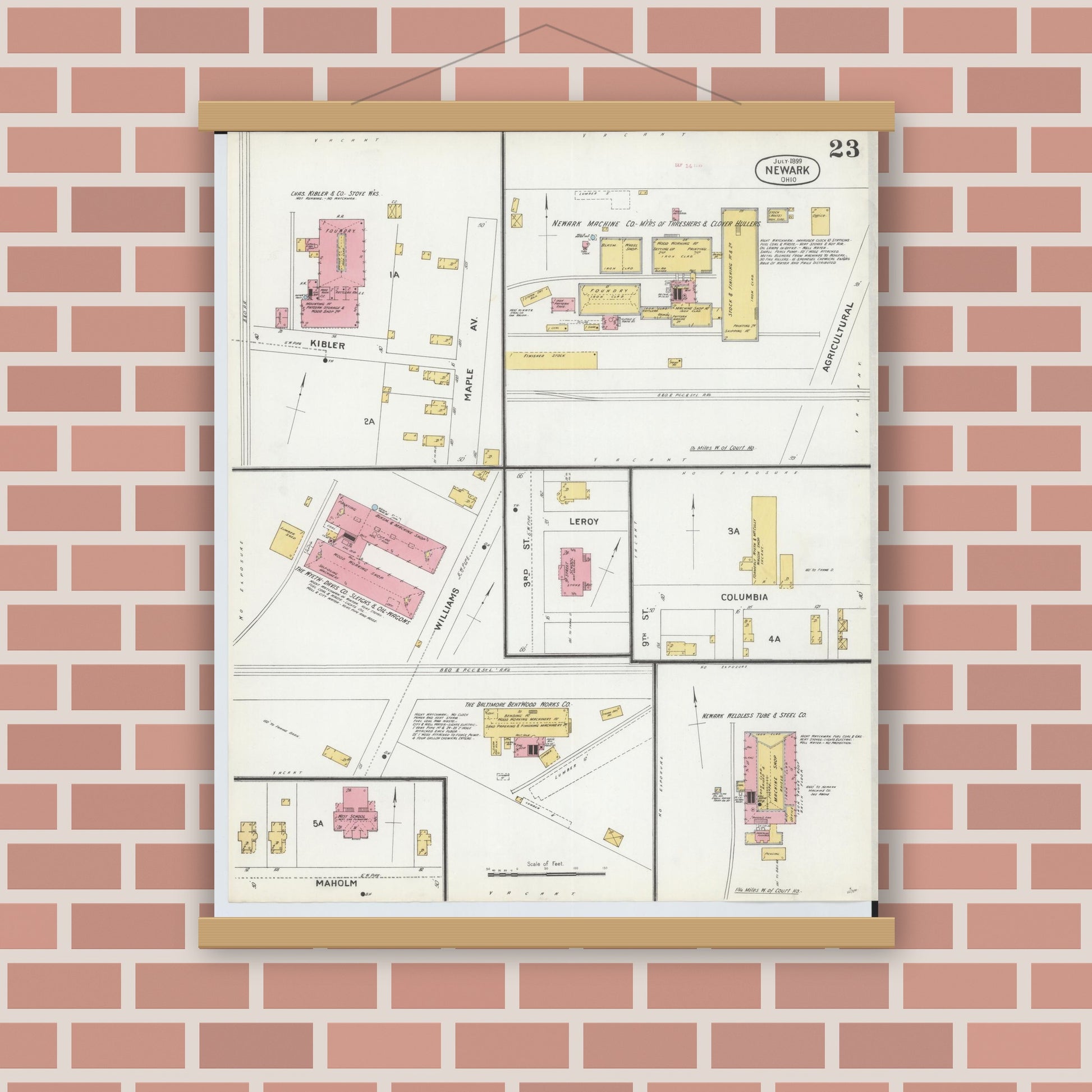 Old map wall art mockup — magnetic wood frame on brick wall — Sanborn Fire Insurance Map from Newark, Licking County, Ohio (1899), Sheet #0023