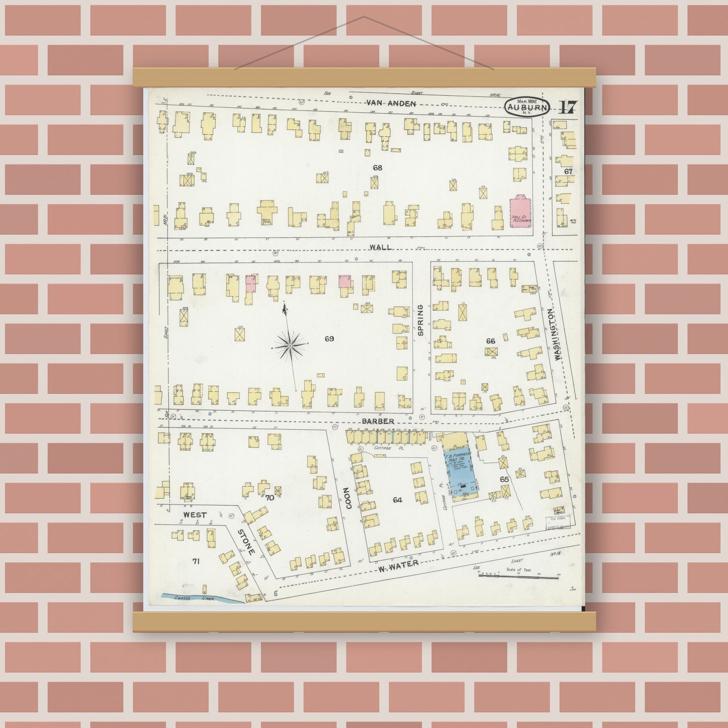 Old map wall art mockup — magnetic wood frame on brick wall — Sanborn Fire Insurance Map from Auburn, Cayuga County, New York (1892), Sheet #0017