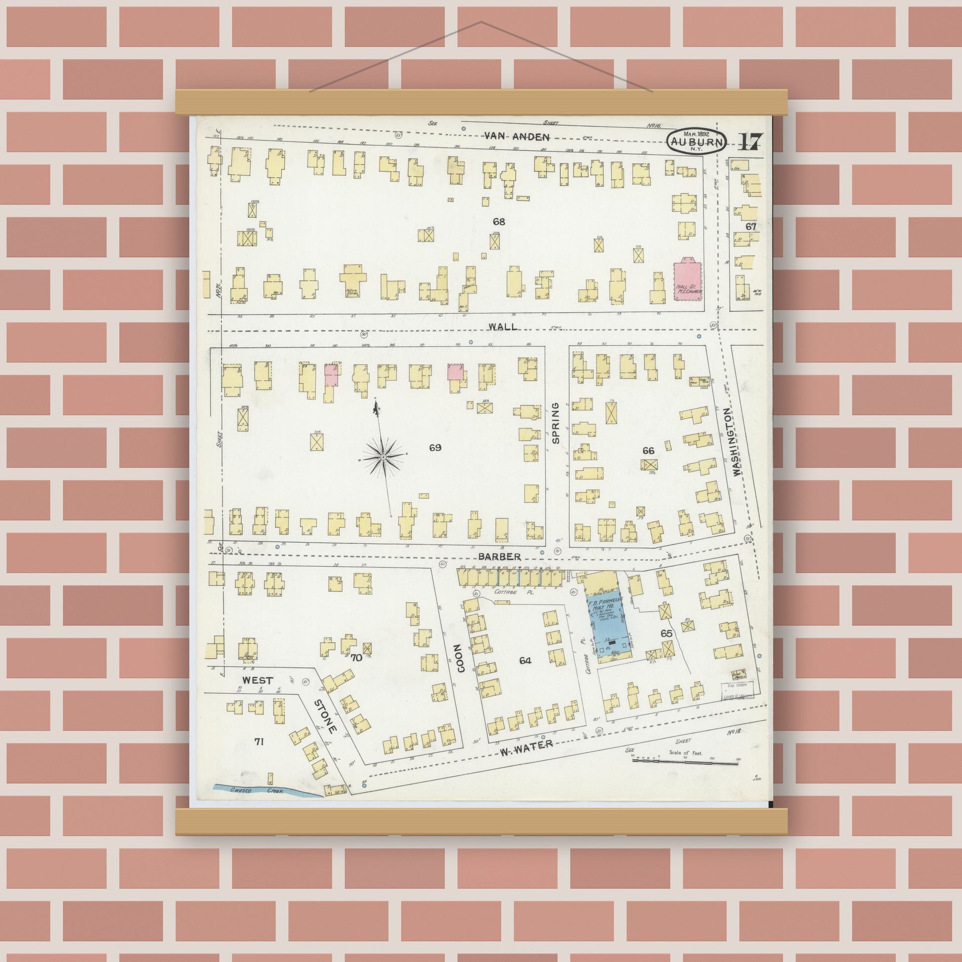Old map wall art mockup — magnetic wood frame on brick wall — Sanborn Fire Insurance Map from Auburn, Cayuga County, New York (1892), Sheet #0017