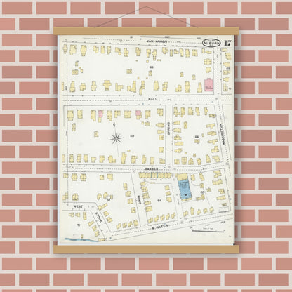 Old map wall art mockup — magnetic wood frame on brick wall — Sanborn Fire Insurance Map from Auburn, Cayuga County, New York (1892), Sheet #0017