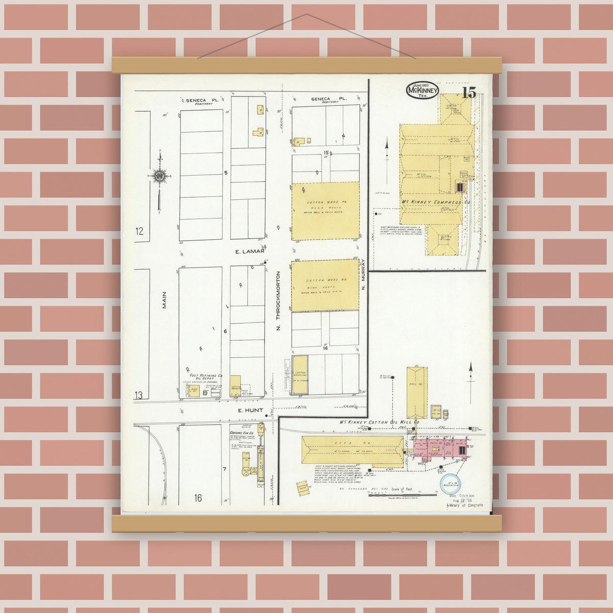 Old map wall art mockup — magnetic wood frame on brick wall — Sanborn Fire Insurance Map from McKinney, Collin County, Texas (1920), Sheet #0015