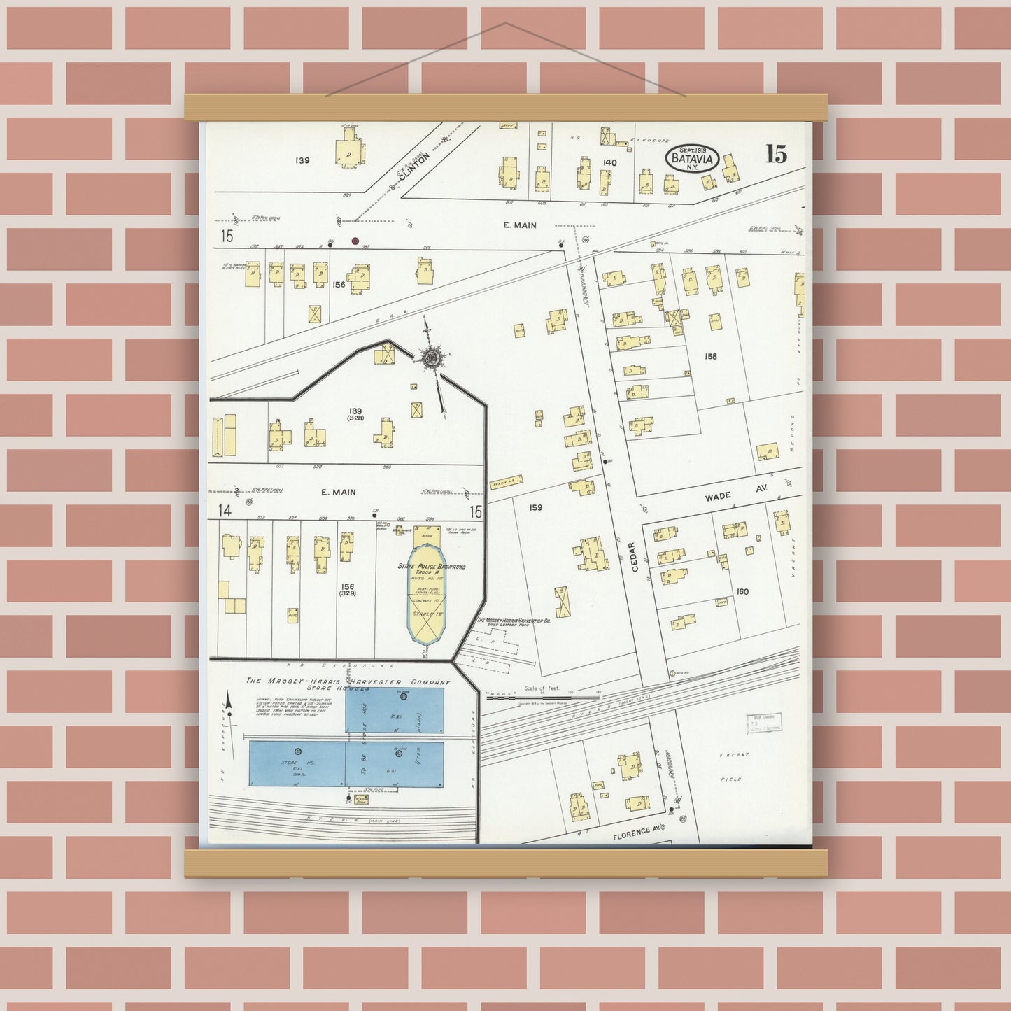 Old map wall art mockup — magnetic wood frame on brick wall — Sanborn Fire Insurance Map from Batavia, Genesee County, New York (1919), Sheet #0015