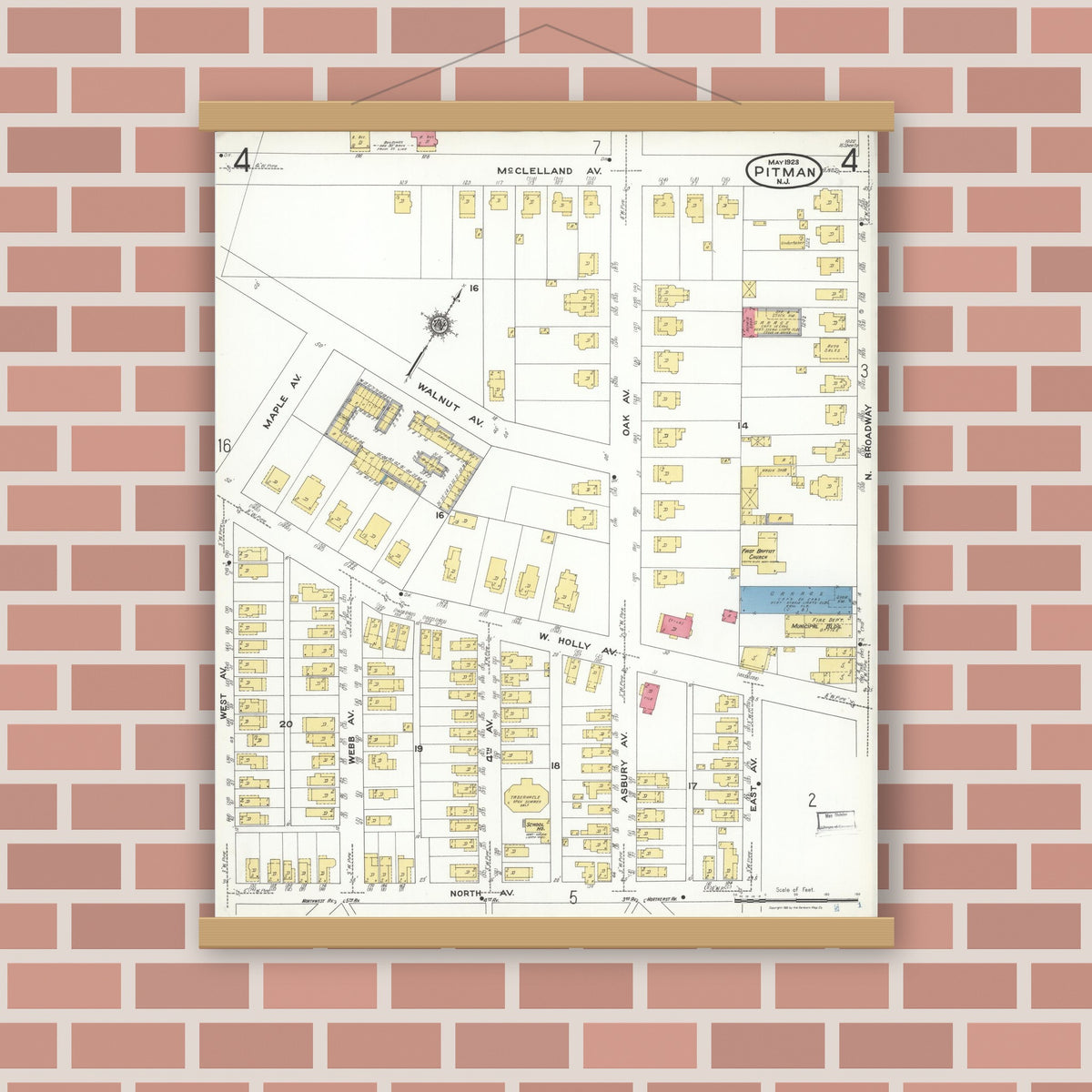 Old map wall art mockup — magnetic wood frame on brick wall — Sanborn Fire Insurance Map from Pitman, Gloucester County, New Jersey (1923), Sheet #0004