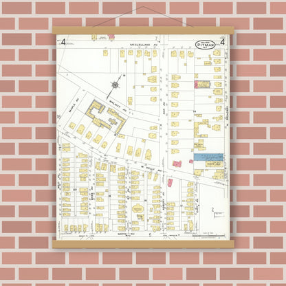 Old map wall art mockup — magnetic wood frame on brick wall — Sanborn Fire Insurance Map from Pitman, Gloucester County, New Jersey (1923), Sheet #0004