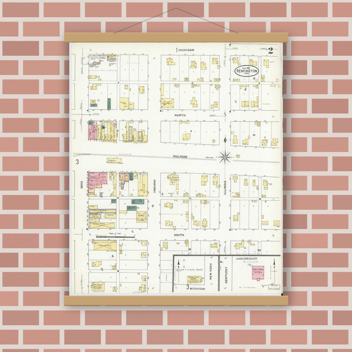Old map wall art mockup — magnetic wood frame on brick wall — Sanborn Fire Insurance Map from Remington, Jasper County, Indiana (1909), Sheet #0002