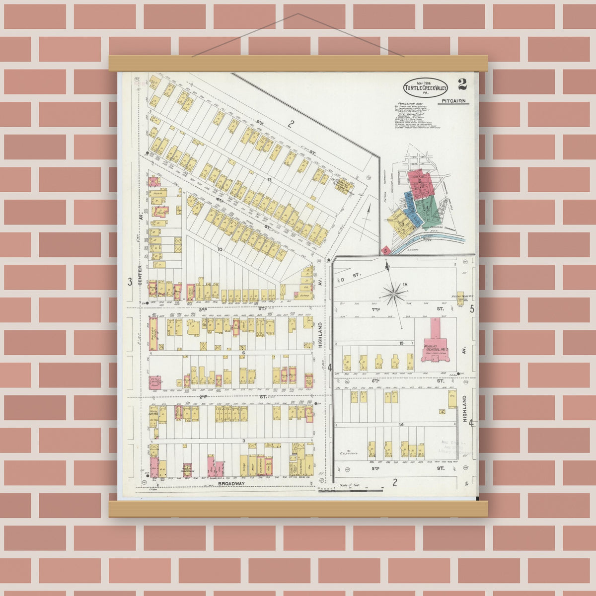Old map wall art mockup — magnetic wood frame on brick wall — Sanborn Fire Insurance Map from Turtle Creek Valley, Allegheny County, Pennsylvania (1906), Sheet #0002