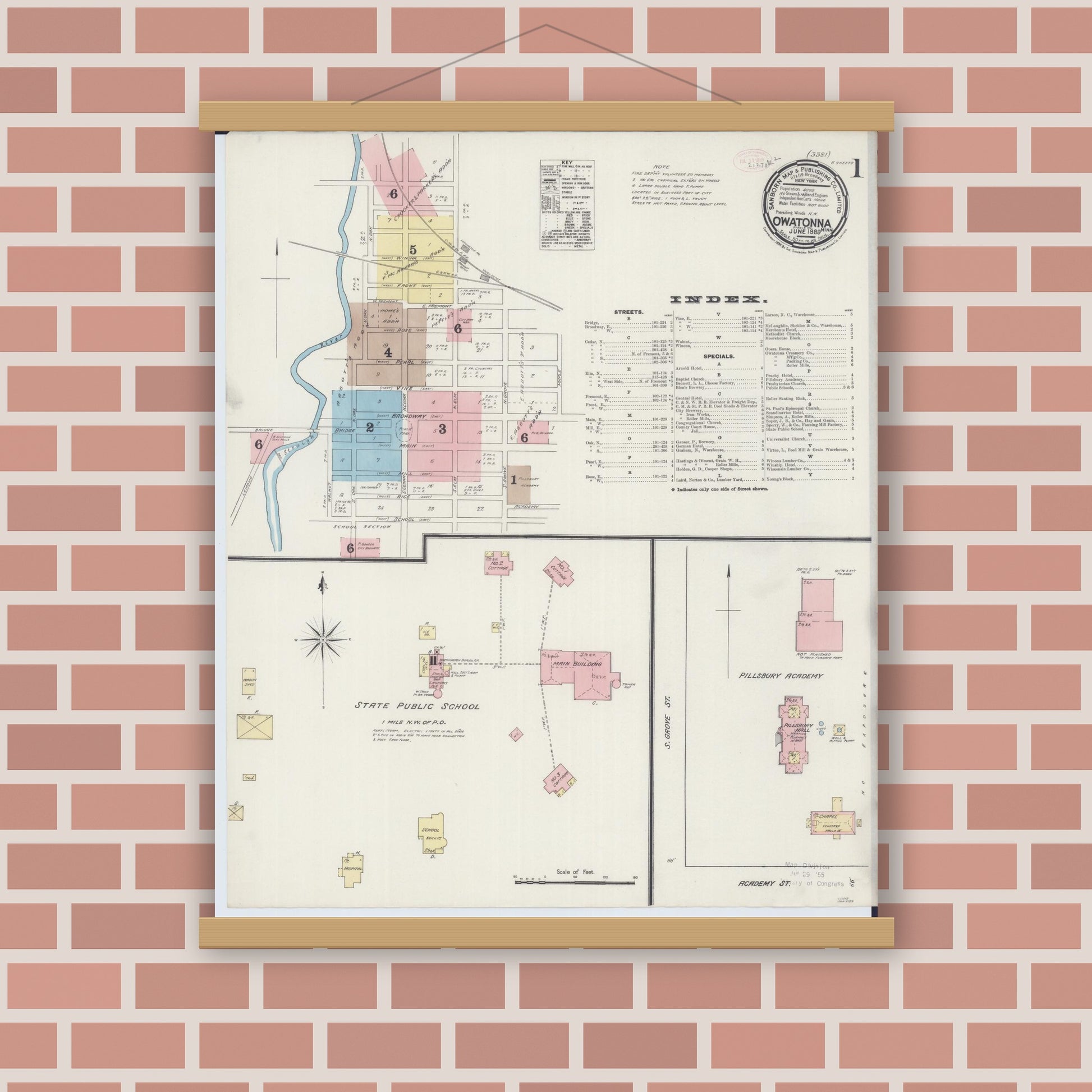 Old map wall art mockup — magnetic wood frame on brick wall — Sanborn Fire Insurance Map from Owatonna, Steele County, Minnesota (1889) - Complete Map Set