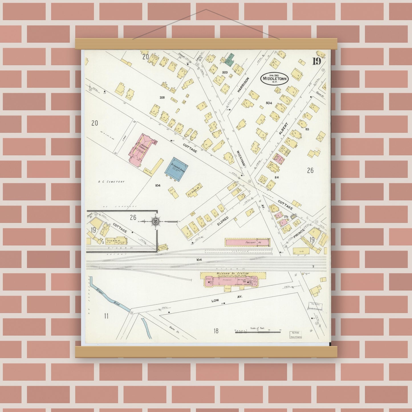 Old map wall art mockup — magnetic wood frame on brick wall — Sanborn Fire Insurance Map from Middletown, Orange County, New York (1910), Sheet #0019
