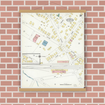 Old map wall art mockup — magnetic wood frame on brick wall — Sanborn Fire Insurance Map from Middletown, Orange County, New York (1910), Sheet #0019