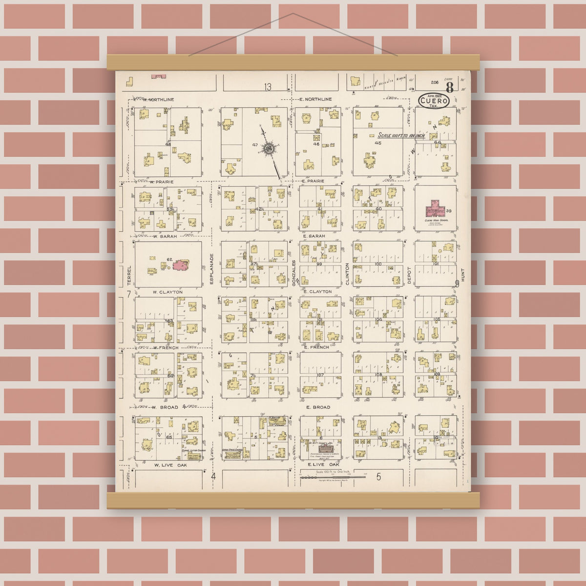Old map wall art mockup — magnetic wood frame on brick wall — Sanborn Fire Insurance Map from Cuero, De Witt County, Texas (1922), Sheet #0008