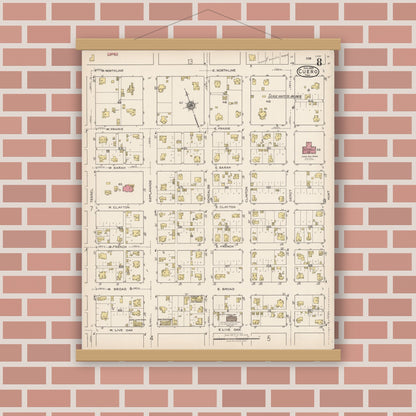 Old map wall art mockup — magnetic wood frame on brick wall — Sanborn Fire Insurance Map from Cuero, De Witt County, Texas (1922), Sheet #0008