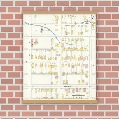 Old map wall art mockup — magnetic wood frame on brick wall — Sanborn Fire Insurance Map from Huntingdon, Huntingdon County, Pennsylvania (1906), Sheet #0010