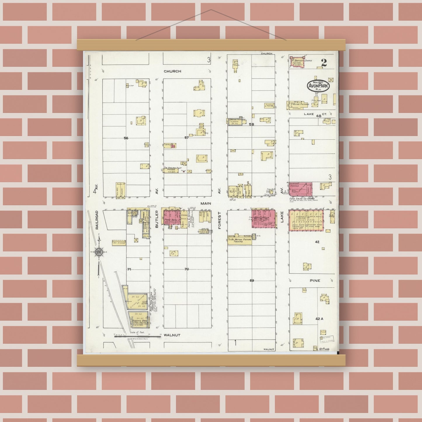 Old map wall art mockup — magnetic wood frame on brick wall — Sanborn Fire Insurance Map from Avon Park, Highlands County, Florida (1920), Sheet #0002