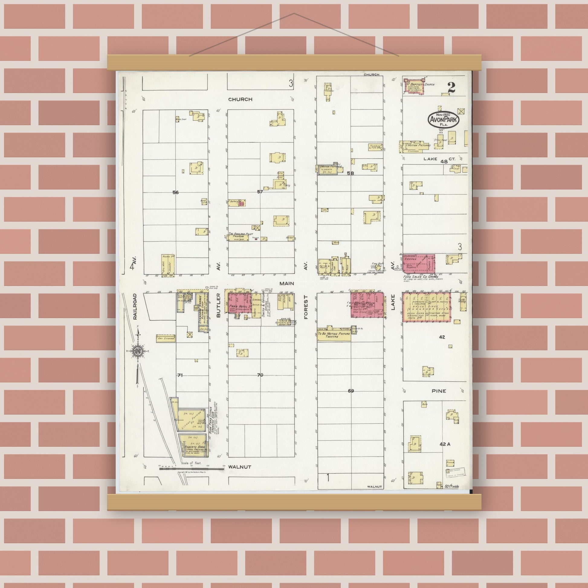 Old map wall art mockup — magnetic wood frame on brick wall — Sanborn Fire Insurance Map from Avon Park, Highlands County, Florida (1920), Sheet #0002