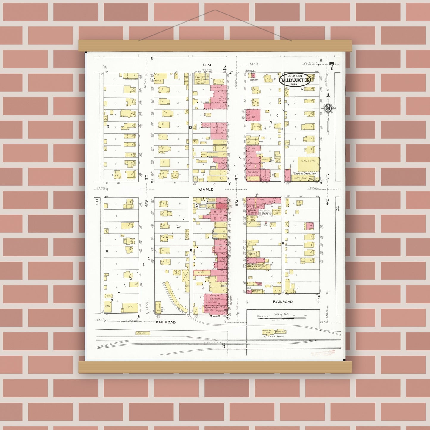 Old map wall art mockup — magnetic wood frame on brick wall — Sanborn Fire Insurance Map from Valley Junction, Polk County, Iowa (1920), Sheet #0007