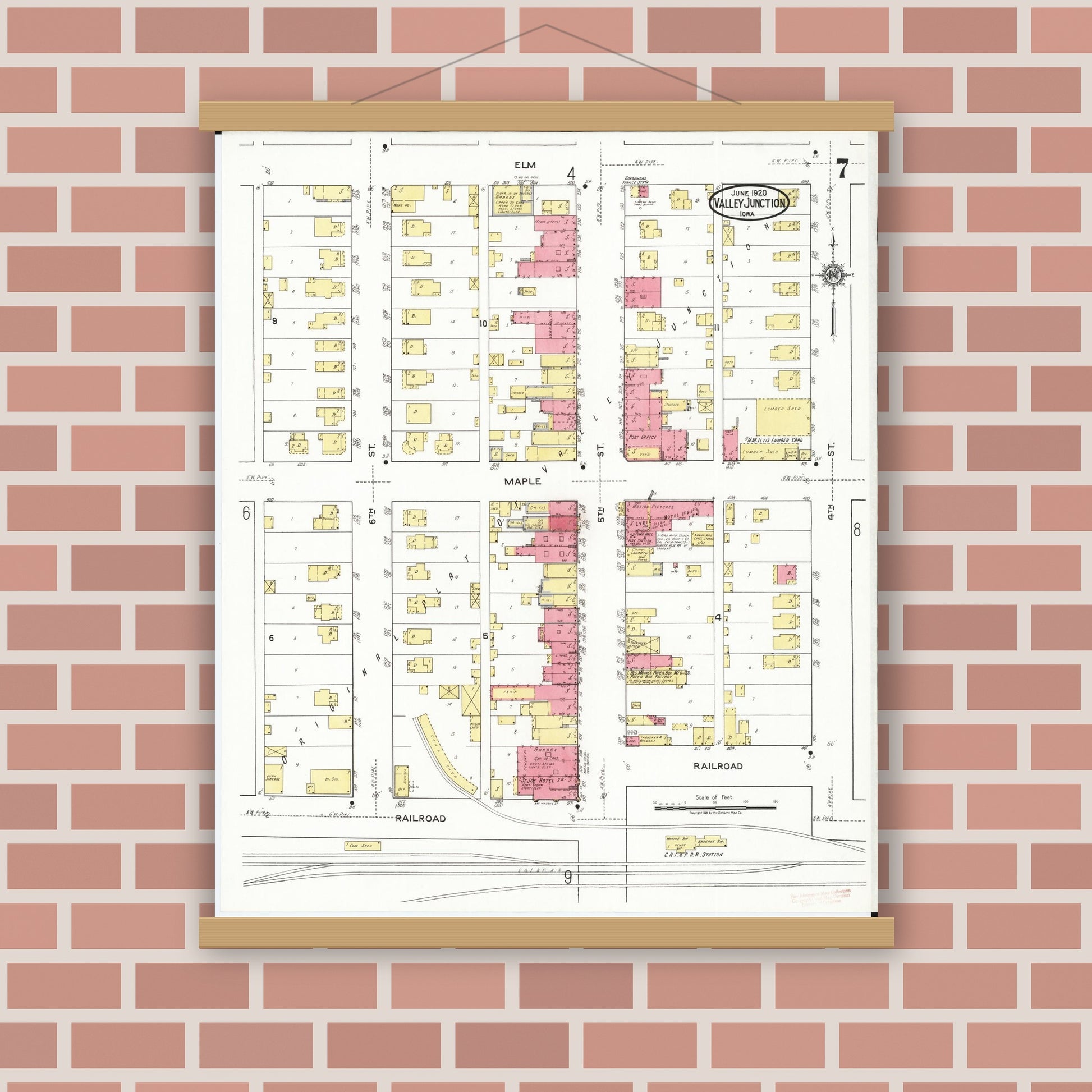 Old map wall art mockup — magnetic wood frame on brick wall — Sanborn Fire Insurance Map from Valley Junction, Polk County, Iowa (1920), Sheet #0007