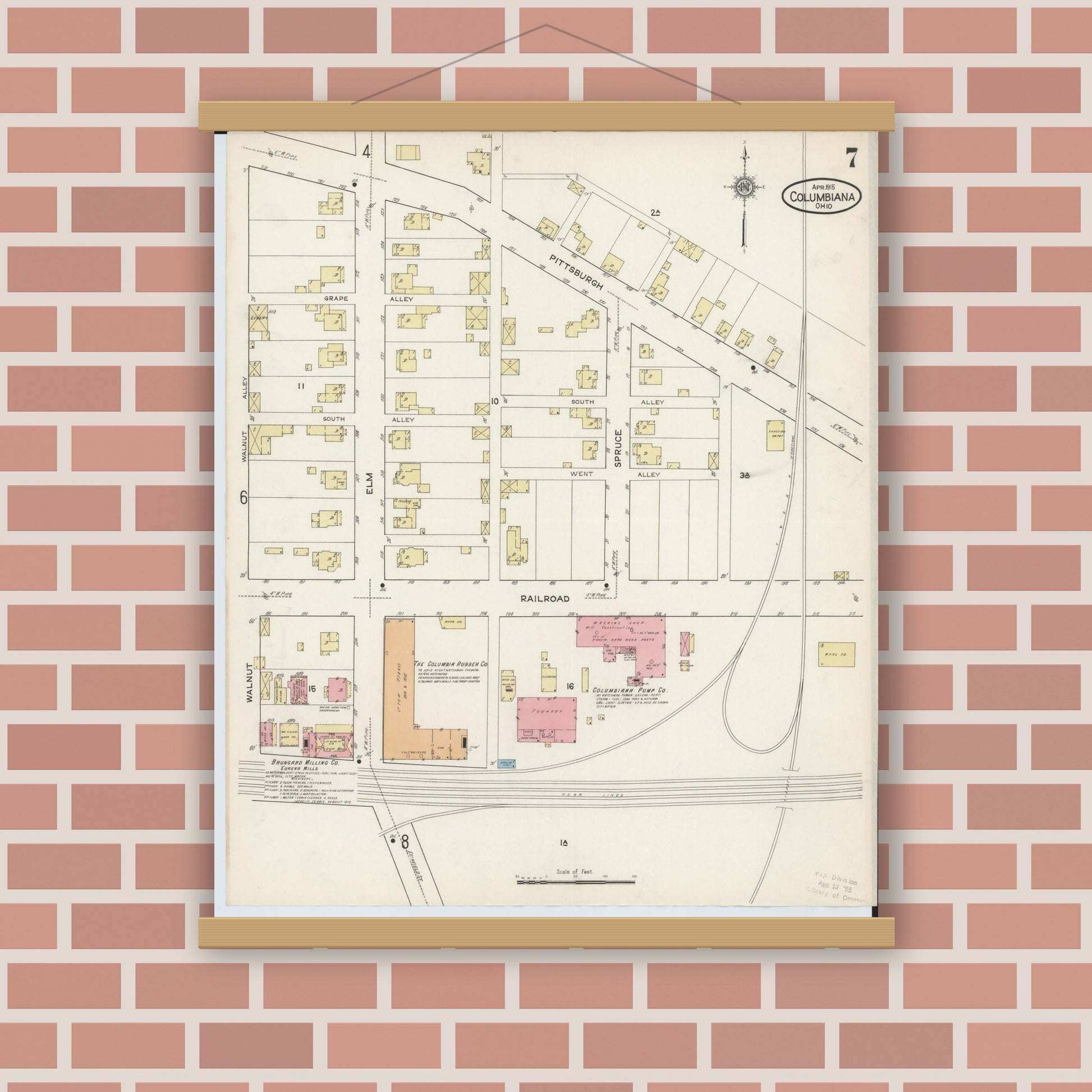 Old map wall art mockup — magnetic wood frame on brick wall — Sanborn Fire Insurance Map from Columbiana, Columbiana County, Ohio (1915), Sheet #0007
