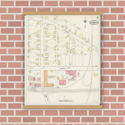 Old map wall art mockup — magnetic wood frame on brick wall — Sanborn Fire Insurance Map from Columbiana, Columbiana County, Ohio (1915), Sheet #0007