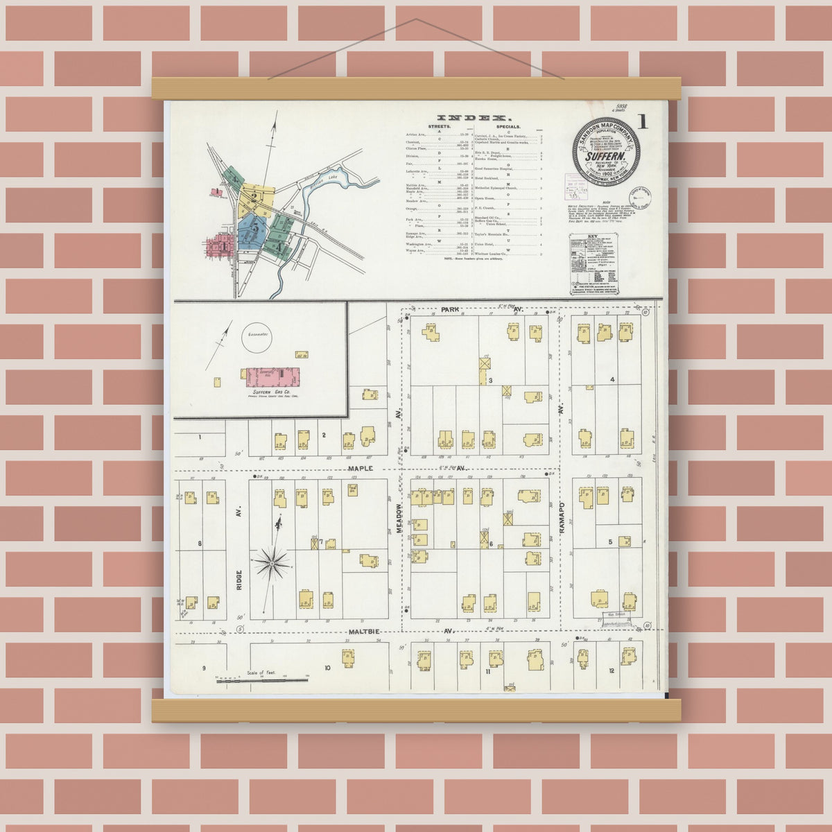 Old map wall art mockup — magnetic wood frame on brick wall — Sanborn Fire Insurance Map from Suffern, Rockland County, New York (1902) - Complete Map Set