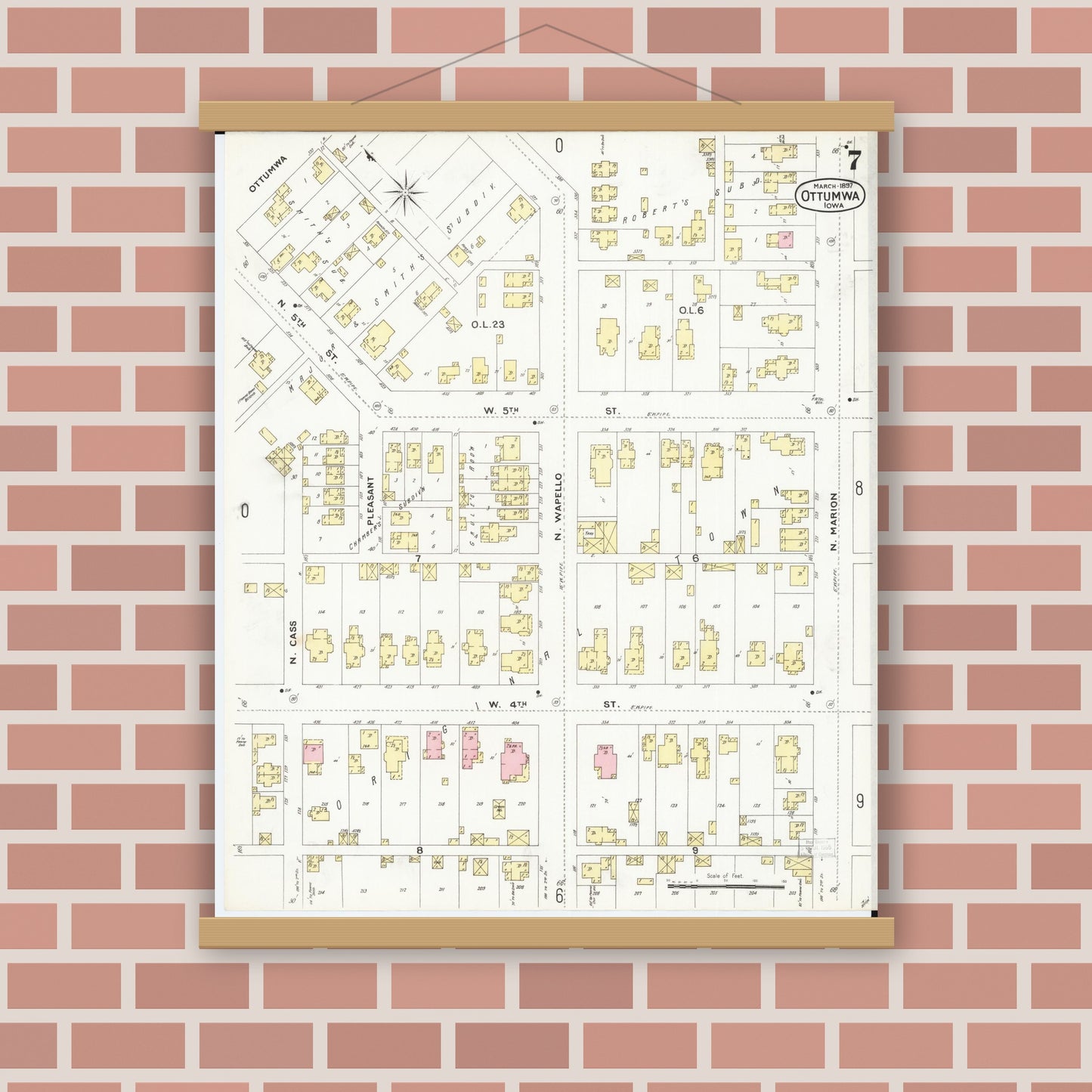 Old map wall art mockup — magnetic wood frame on brick wall — Sanborn Fire Insurance Map from Ottumwa, Wapello County, Iowa (1897), Sheet #0007