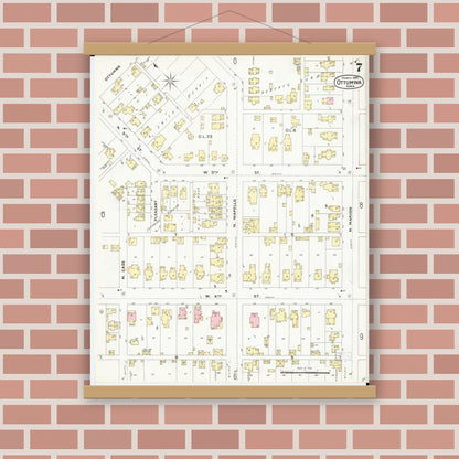 Old map wall art mockup — magnetic wood frame on brick wall — Sanborn Fire Insurance Map from Ottumwa, Wapello County, Iowa (1897), Sheet #0007