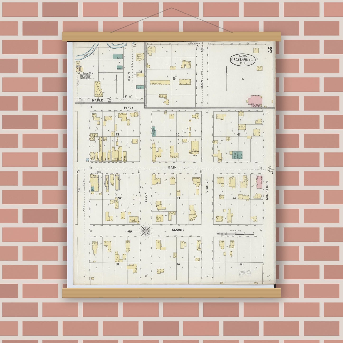 Old map wall art mockup — magnetic wood frame on brick wall — Sanborn Fire Insurance Map from Cedar Springs, Kent County, Michigan (1894), Sheet #0003