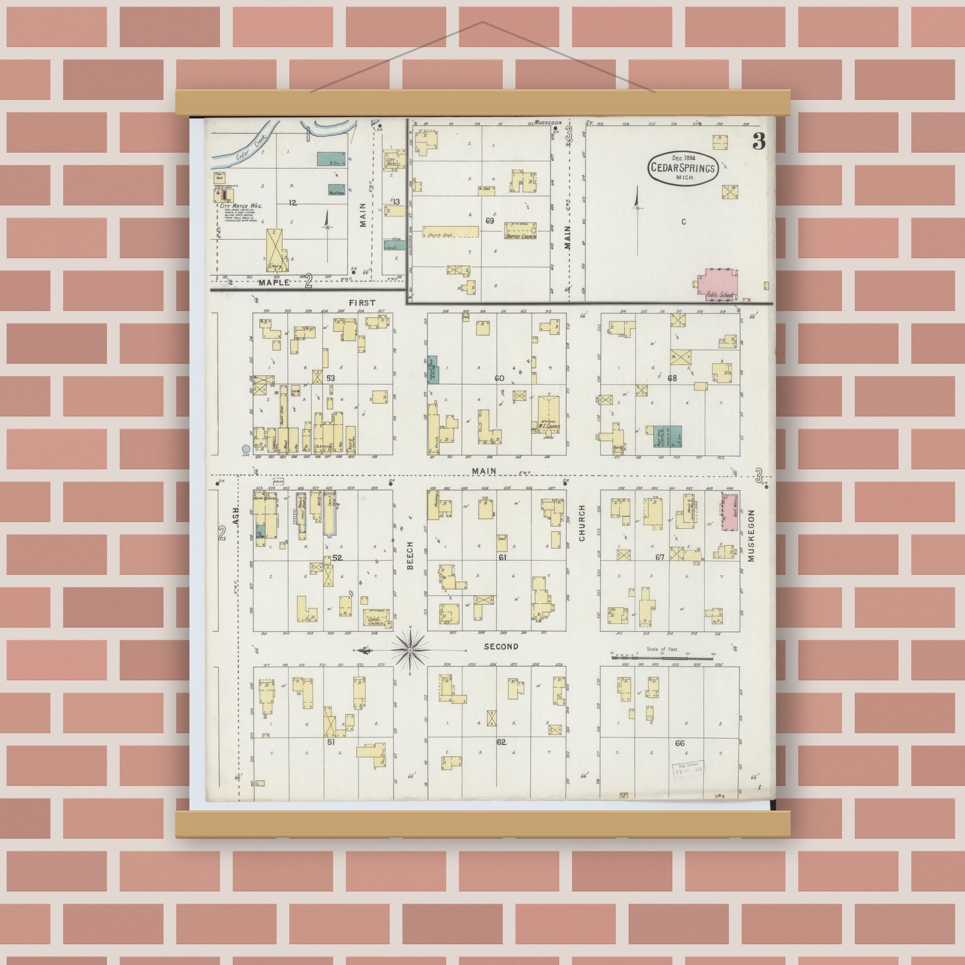 Old map wall art mockup — magnetic wood frame on brick wall — Sanborn Fire Insurance Map from Cedar Springs, Kent County, Michigan (1894), Sheet #0003
