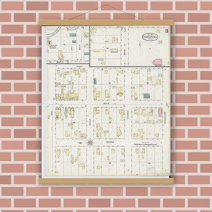 Old map wall art mockup — magnetic wood frame on brick wall — Sanborn Fire Insurance Map from Cedar Springs, Kent County, Michigan (1894), Sheet #0003