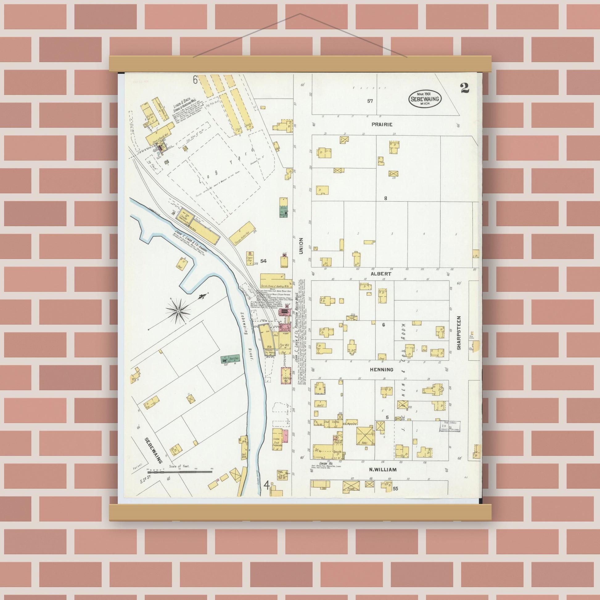 Old map wall art mockup — magnetic wood frame on brick wall — Sanborn Fire Insurance Map from Sebewaing, Huron County, Michigan (1901), Sheet #0002