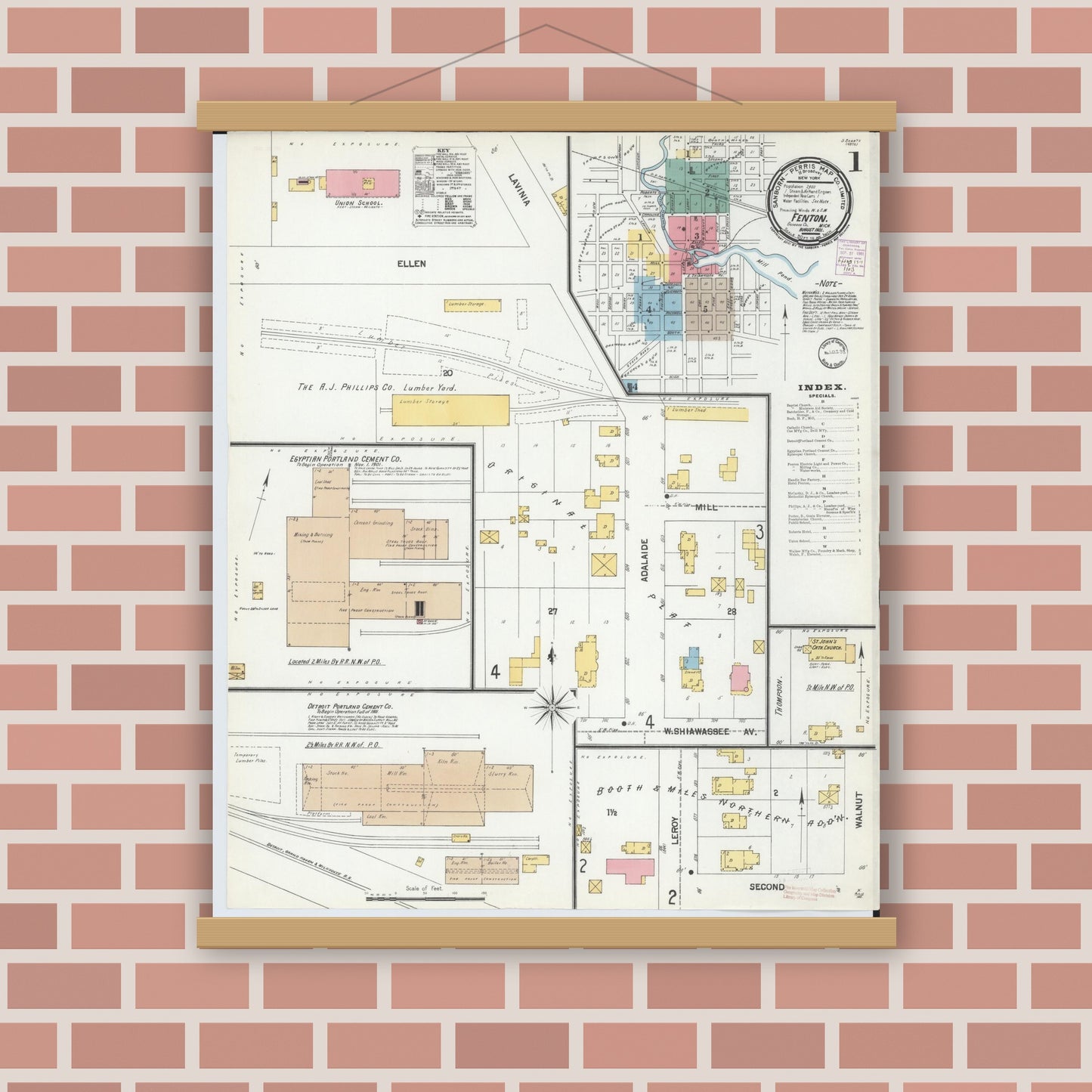 Old map wall art mockup — magnetic wood frame on brick wall — Sanborn Fire Insurance Map from Fenton, Genesee County, Michigan (1901) - Complete Map Set