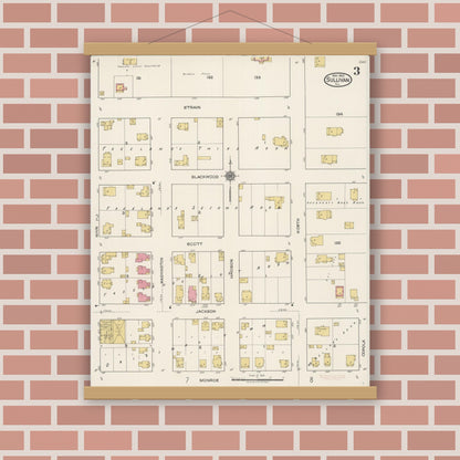 Old map wall art mockup — magnetic wood frame on brick wall — Sanborn Fire Insurance Map from Sullivan, Moultrie County, Illinois (1922), Sheet #0003
