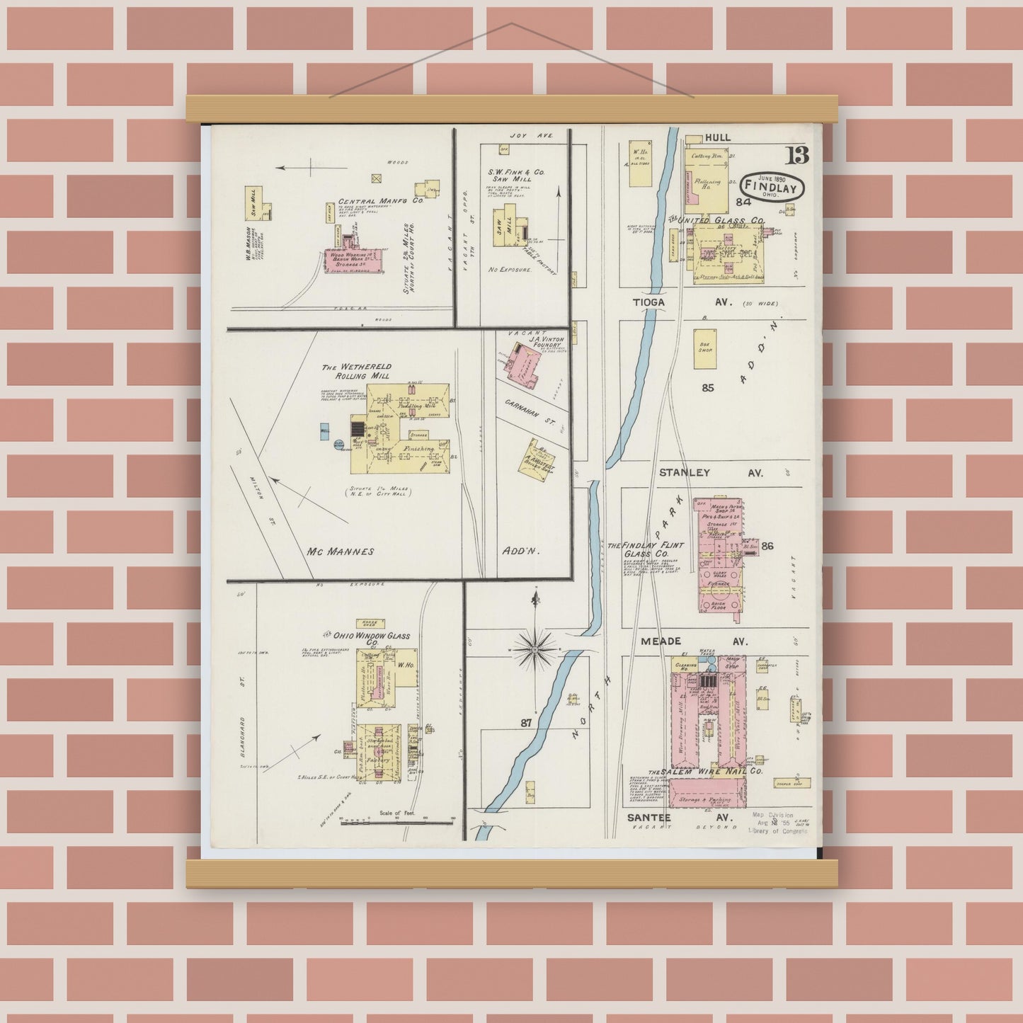 Old map wall art mockup — magnetic wood frame on brick wall — Sanborn Fire Insurance Map from Findlay, Hancock County, Ohio (1890), Sheet #0013