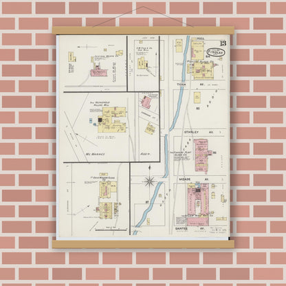 Old map wall art mockup — magnetic wood frame on brick wall — Sanborn Fire Insurance Map from Findlay, Hancock County, Ohio (1890), Sheet #0013