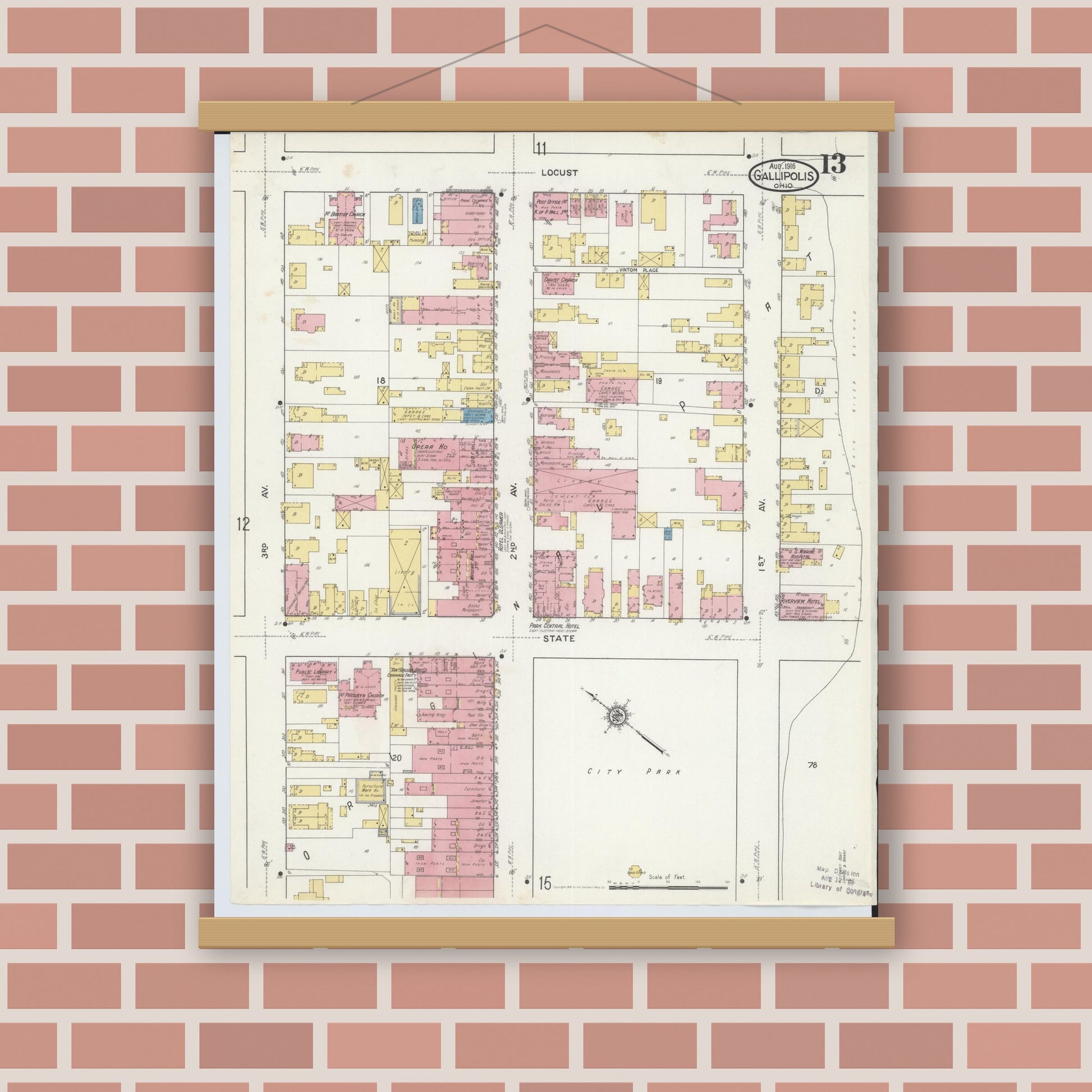 Old map wall art mockup — magnetic wood frame on brick wall — Sanborn Fire Insurance Map from Gallipolis, Gallia County, Ohio (1916), Sheet #0013