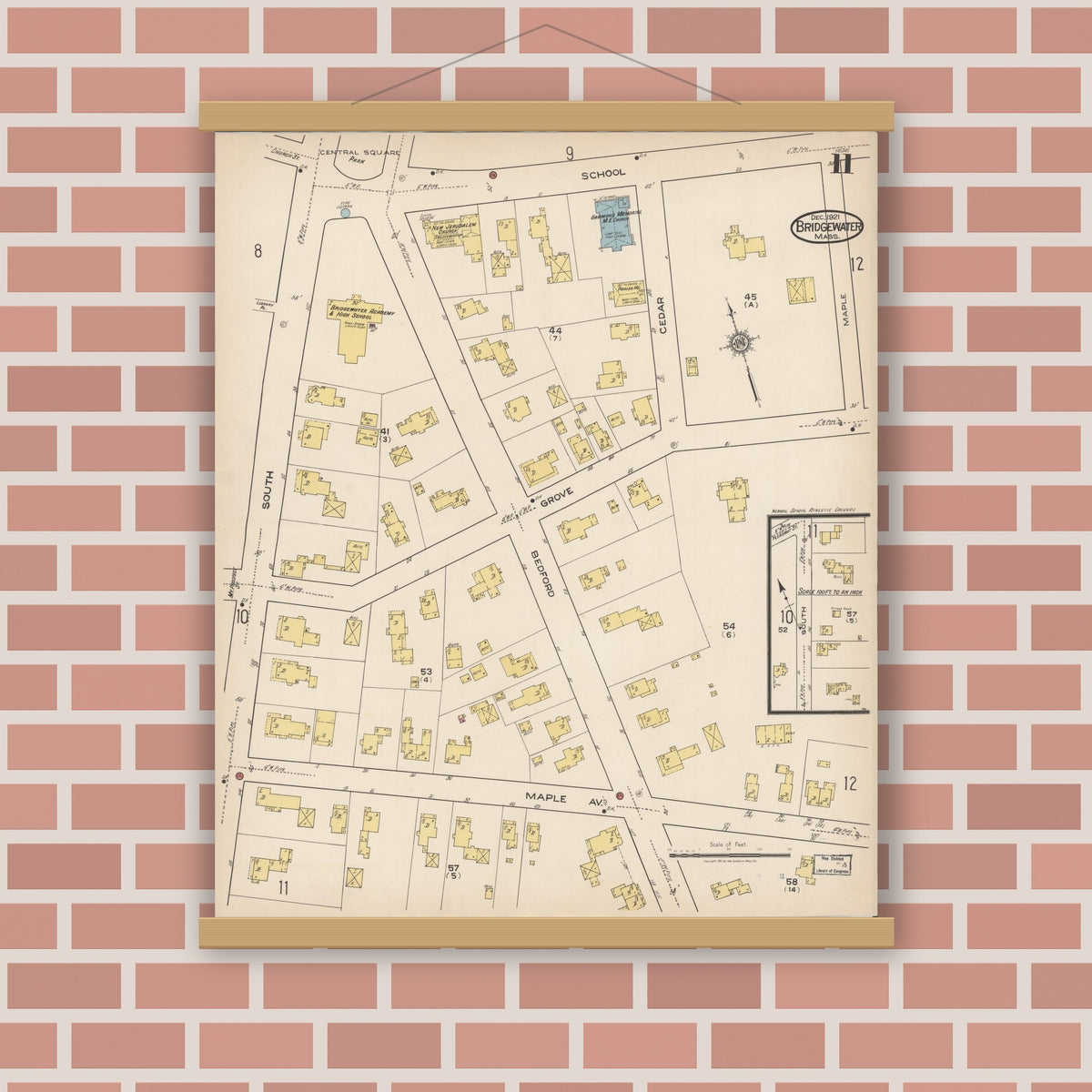 Old map wall art mockup — magnetic wood frame on brick wall — Sanborn Fire Insurance Map from Bridgewater, Plymouth County, Massachusetts (1921), Sheet #0011