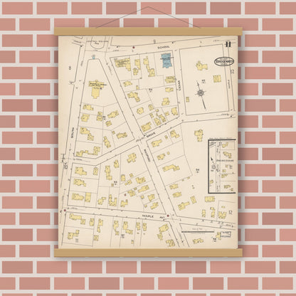 Old map wall art mockup — magnetic wood frame on brick wall — Sanborn Fire Insurance Map from Bridgewater, Plymouth County, Massachusetts (1921), Sheet #0011