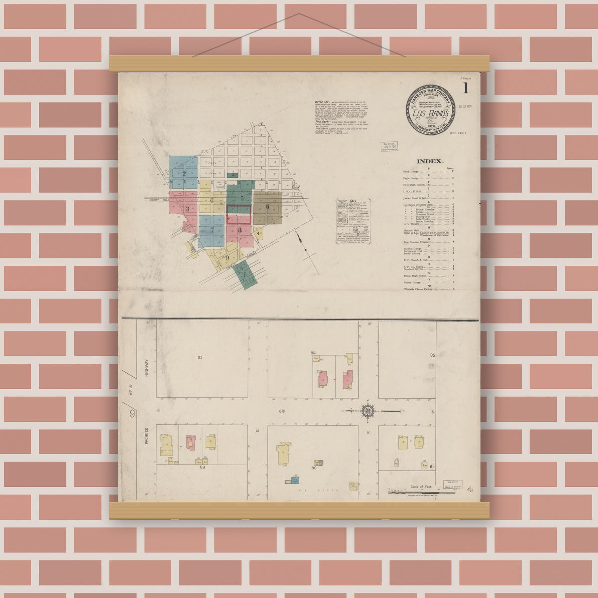 Old map wall art mockup — magnetic wood frame on brick wall — Sanborn Fire Insurance Map from Los Banos, Merced County, California (1920) - Complete Map Set